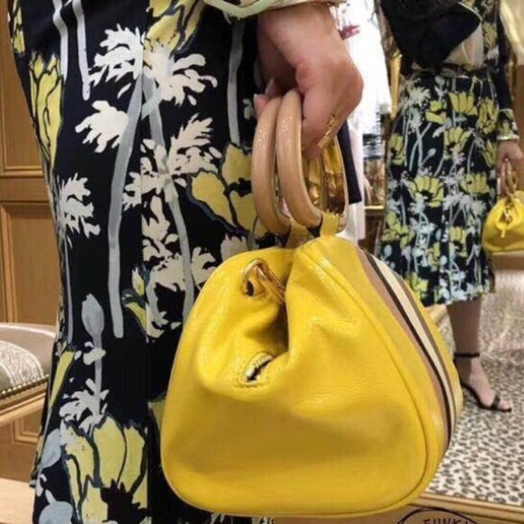 NEW! NWT! Tory Burch Half Moon Strip Mini Satchel Boston  -Yellow Leather Women - Picture 10 of 16